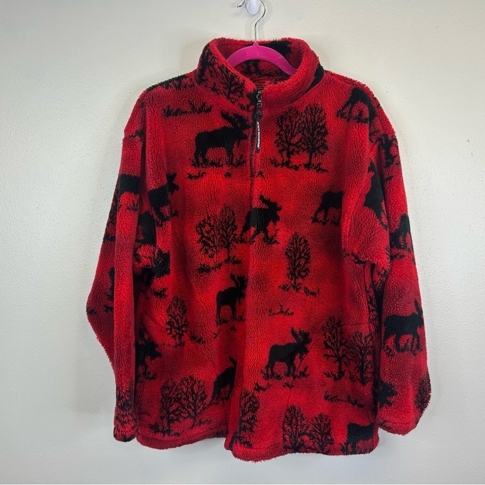 Black Mountain Outdoor Red Black Fleece Jacket Moose Size M Full Zip‎ Camp Cabin